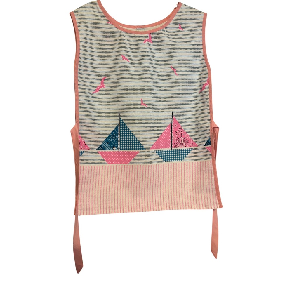 Vintage Handmade Sailboat Apron Pink Blue Striped‎ Nautical Kitchen Cooking